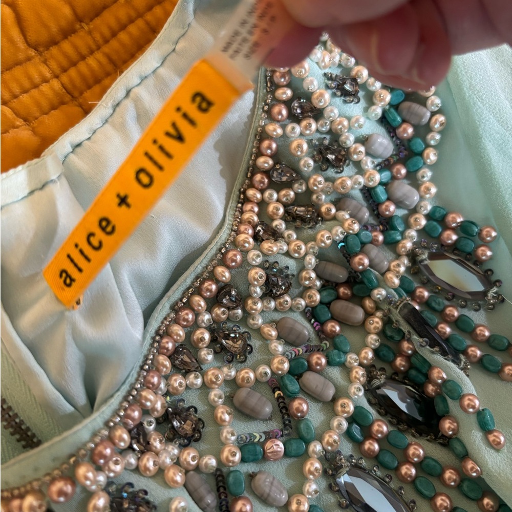 Alice + Olivia Opaline Green Nellie Embellished-Neck Dress, Size S/P
